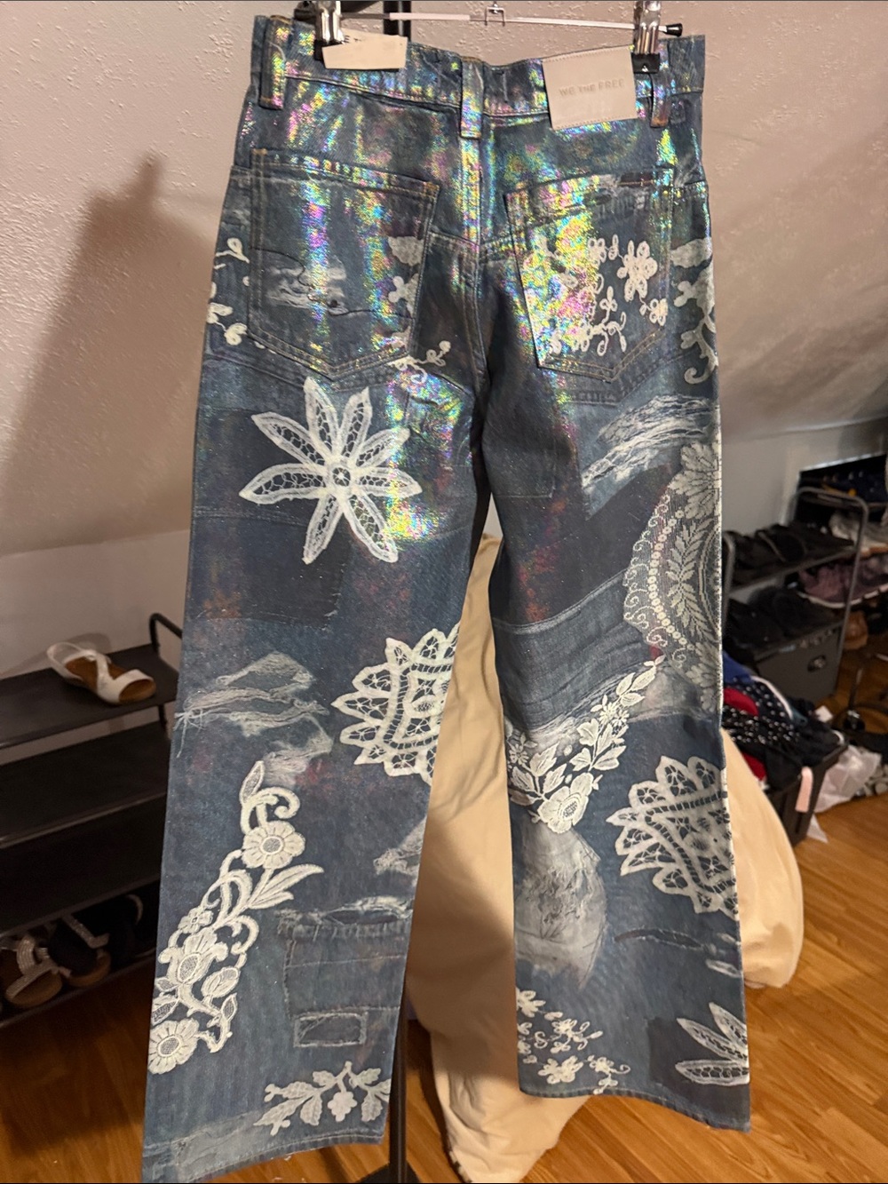 We The Free Holographic Blue Bootcut Jeans with White Lace Appliqué - Picture 2 of 4